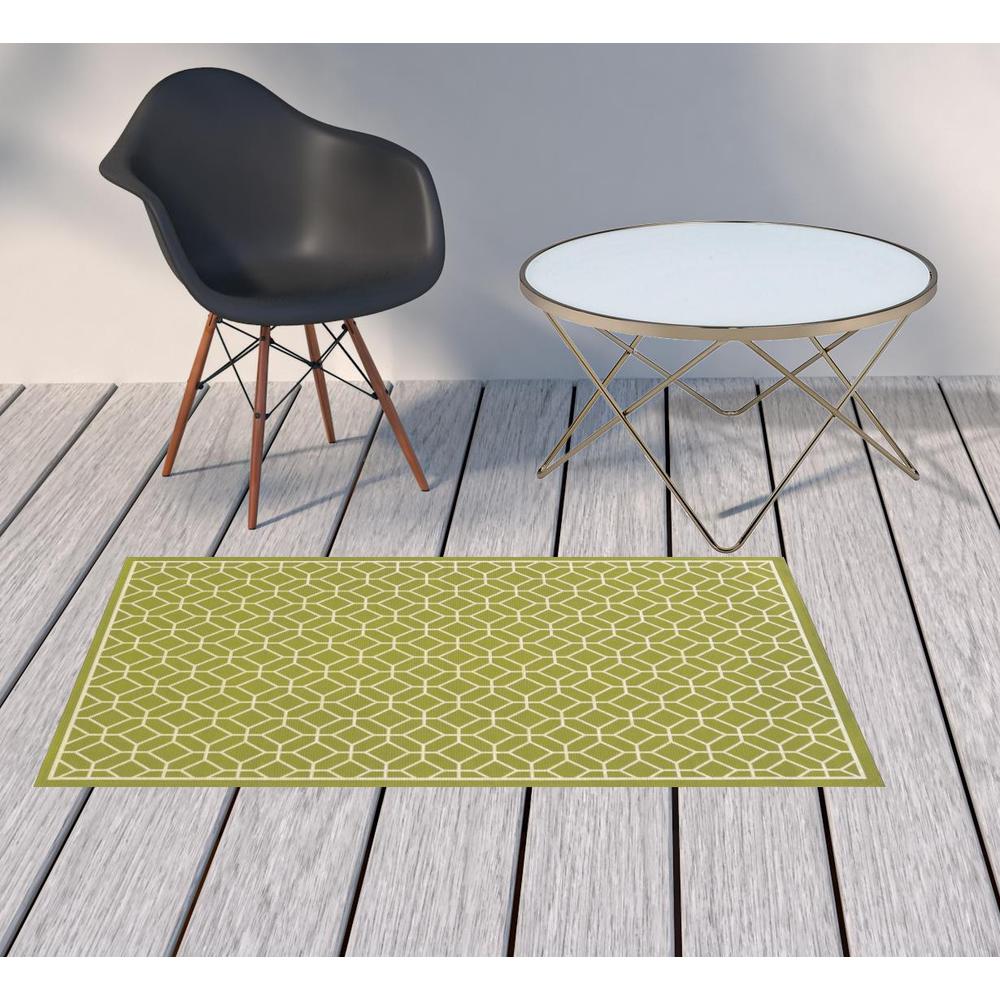 2' X 4' Green and Ivory Geometric Stain Resistant Indoor Outdoor Area Rug. Picture 2