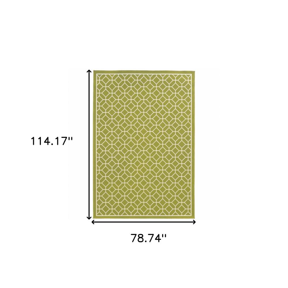 7' x 10' Green and Ivory Geometric Stain Resistant Indoor Outdoor Area Rug. Picture 5