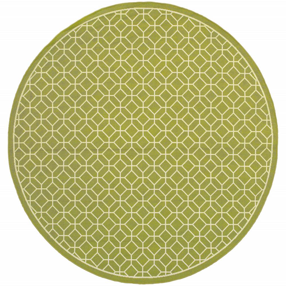 8' x 8' Green and Ivory Round Geometric Stain Resistant Indoor Outdoor Area Rug. Picture 1