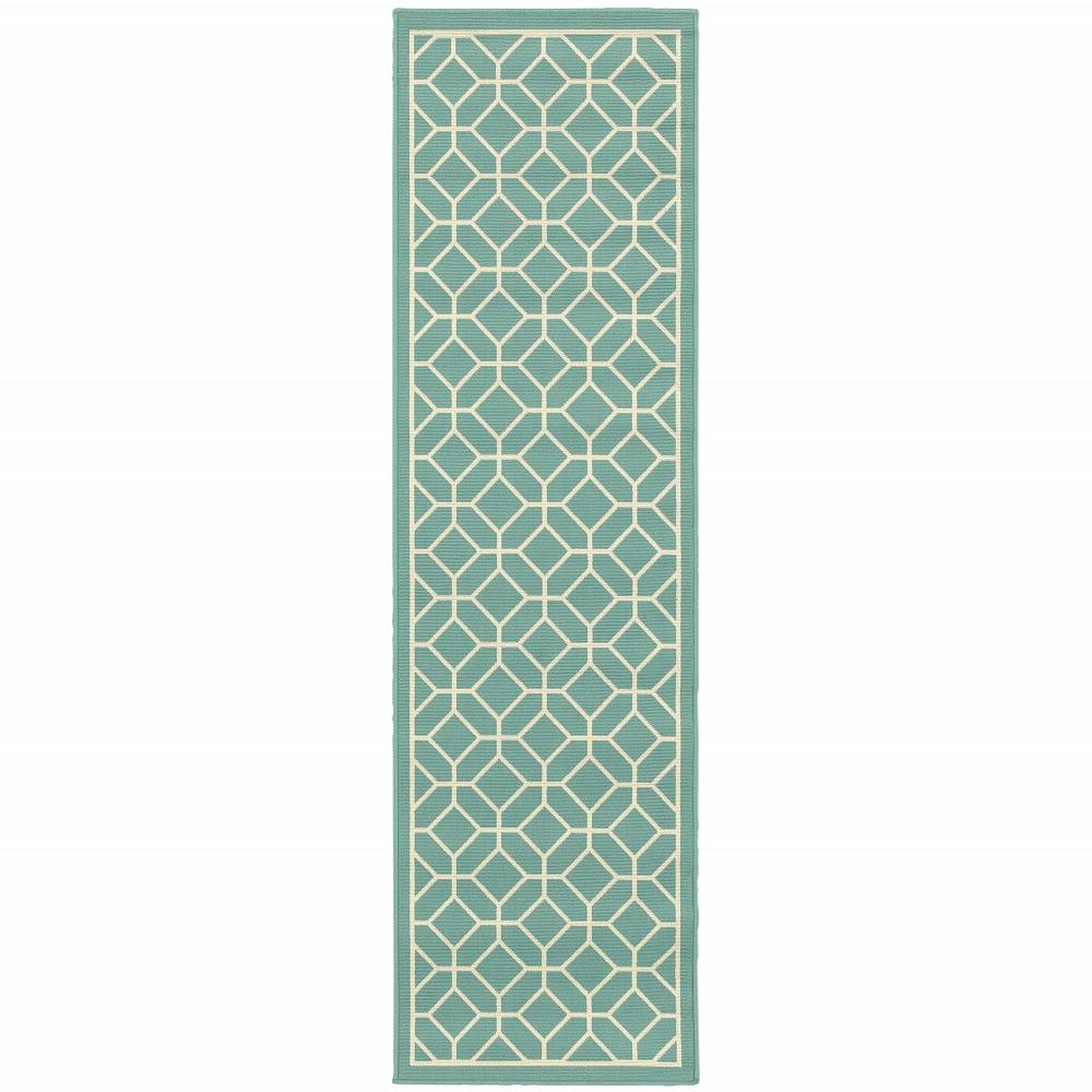 2' X 8' Blue and Ivory Geometric Stain Resistant Indoor Outdoor Area Rug. Picture 1