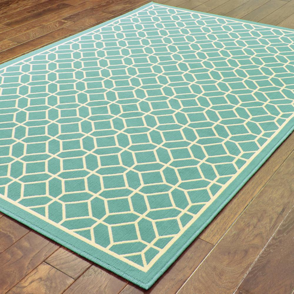 4' x 6' Blue and Ivory Geometric Stain Resistant Indoor Outdoor Area Rug. Picture 4