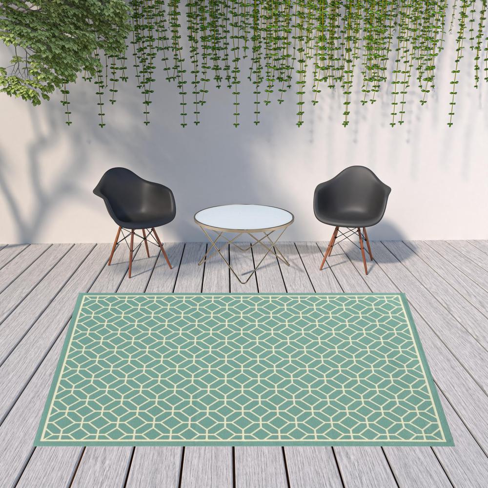 8' x 11' Blue and Ivory Geometric Stain Resistant Indoor Outdoor Area Rug. Picture 2