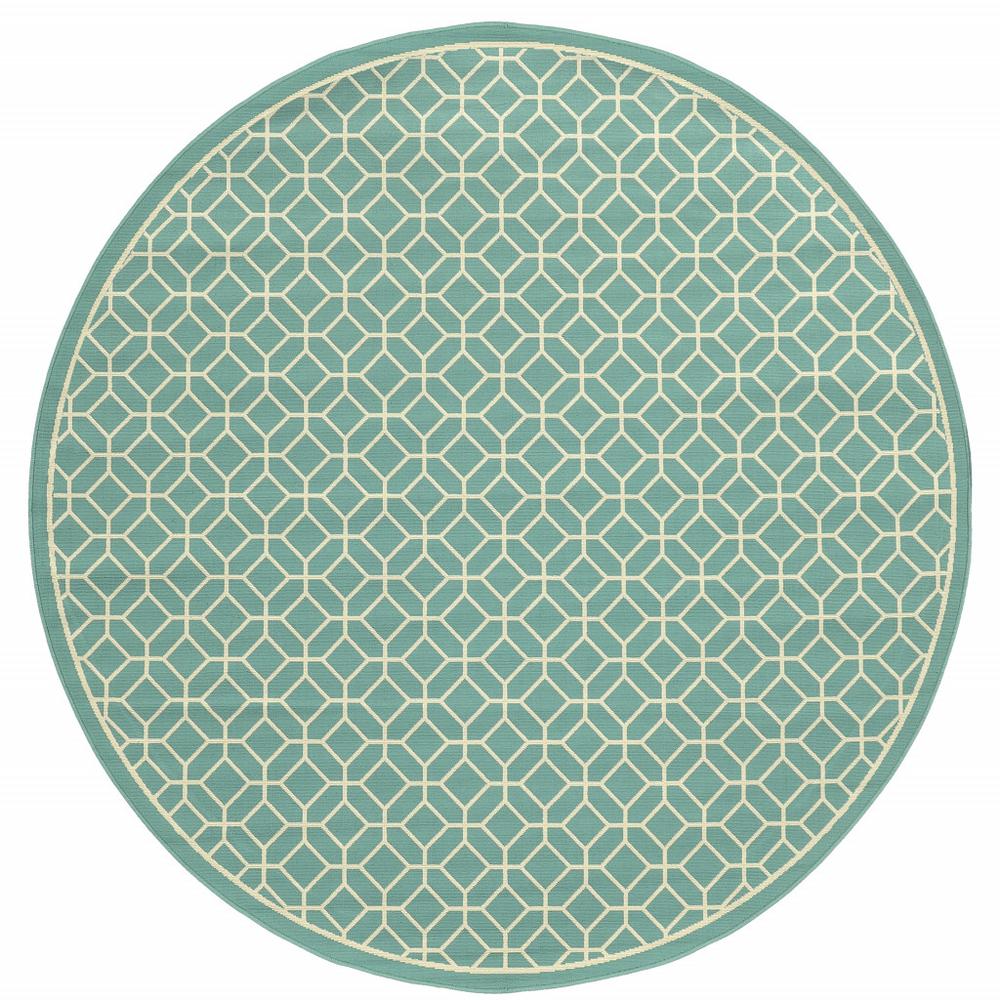 8' x 8' Blue and Ivory Round Geometric Stain Resistant Indoor Outdoor Area Rug. Picture 1
