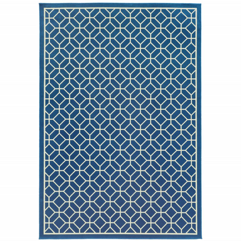 5' x 8' Blue and Ivory Geometric Stain Resistant Indoor Outdoor Area Rug. Picture 1