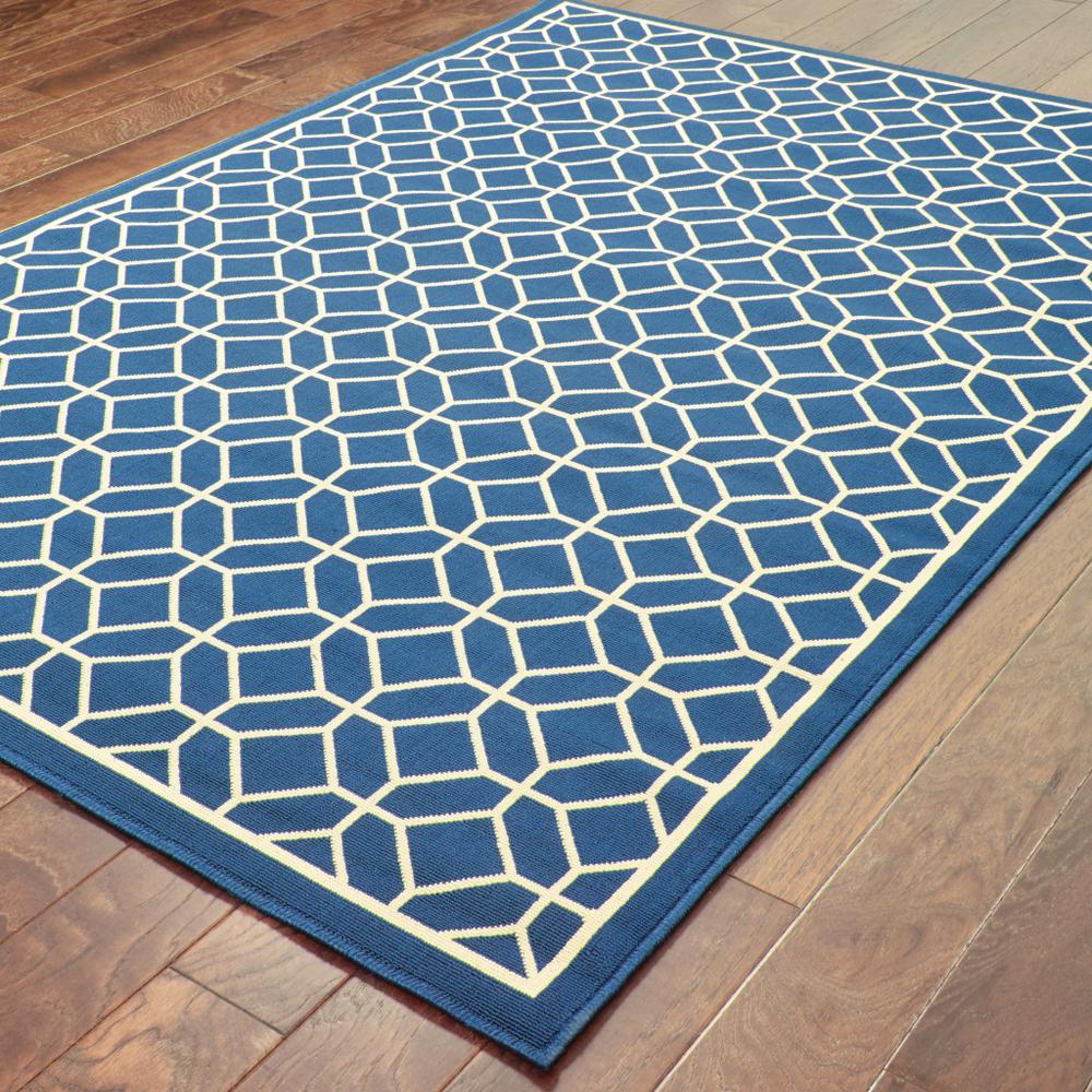 5' x 8' Blue and Ivory Geometric Stain Resistant Indoor Outdoor Area Rug. Picture 4