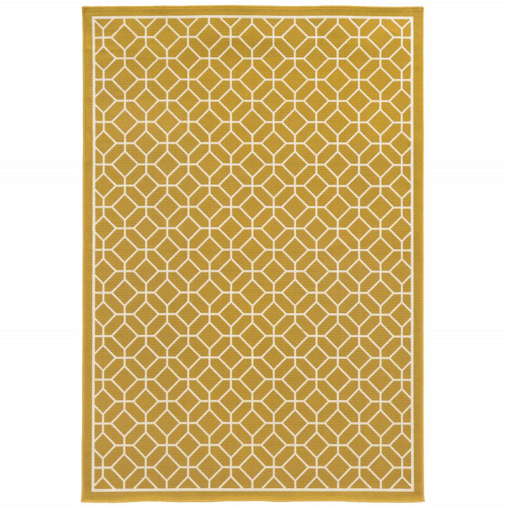 9' X 13' Gold and Ivory Geometric Stain Resistant Indoor Outdoor Area Rug. Picture 1