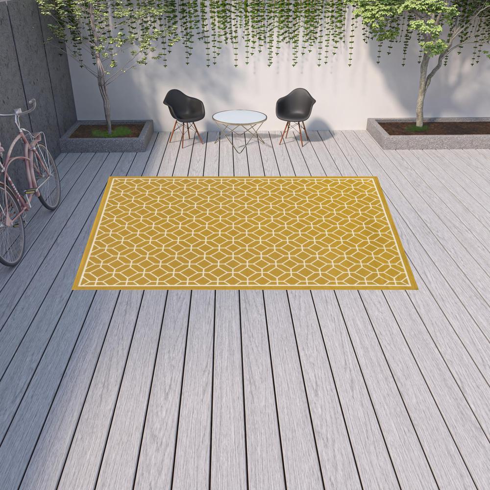 9' X 13' Gold and Ivory Geometric Stain Resistant Indoor Outdoor Area Rug. Picture 2