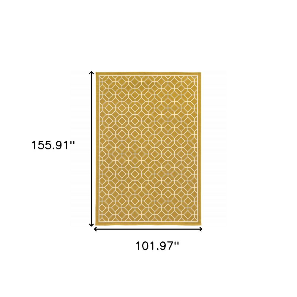 9' X 13' Gold and Ivory Geometric Stain Resistant Indoor Outdoor Area Rug. Picture 5