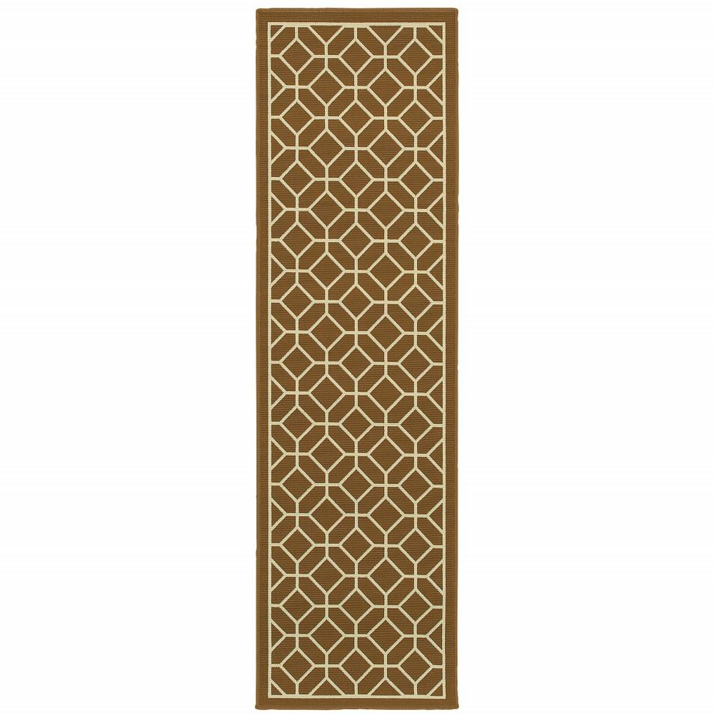 2' X 8' Brown and Ivory Geometric Stain Resistant Indoor Outdoor Area Rug. Picture 1