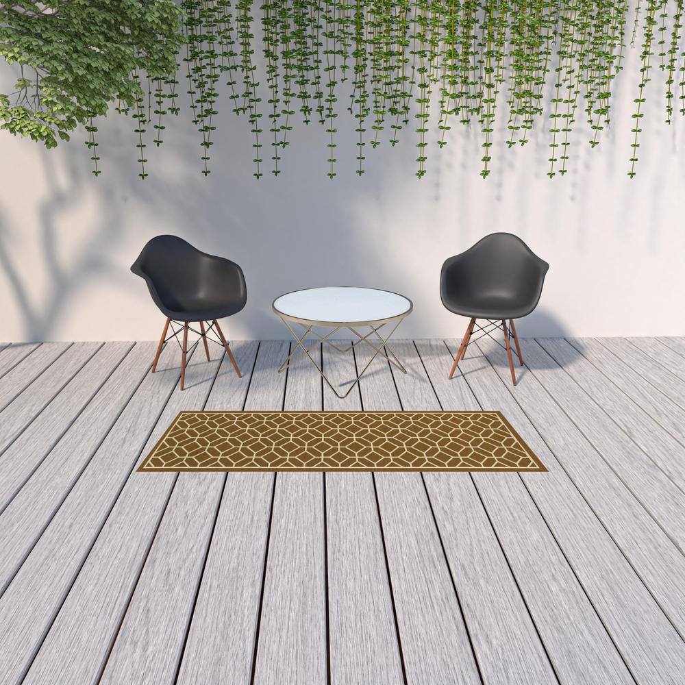 2' X 8' Brown and Ivory Geometric Stain Resistant Indoor Outdoor Area Rug. Picture 2
