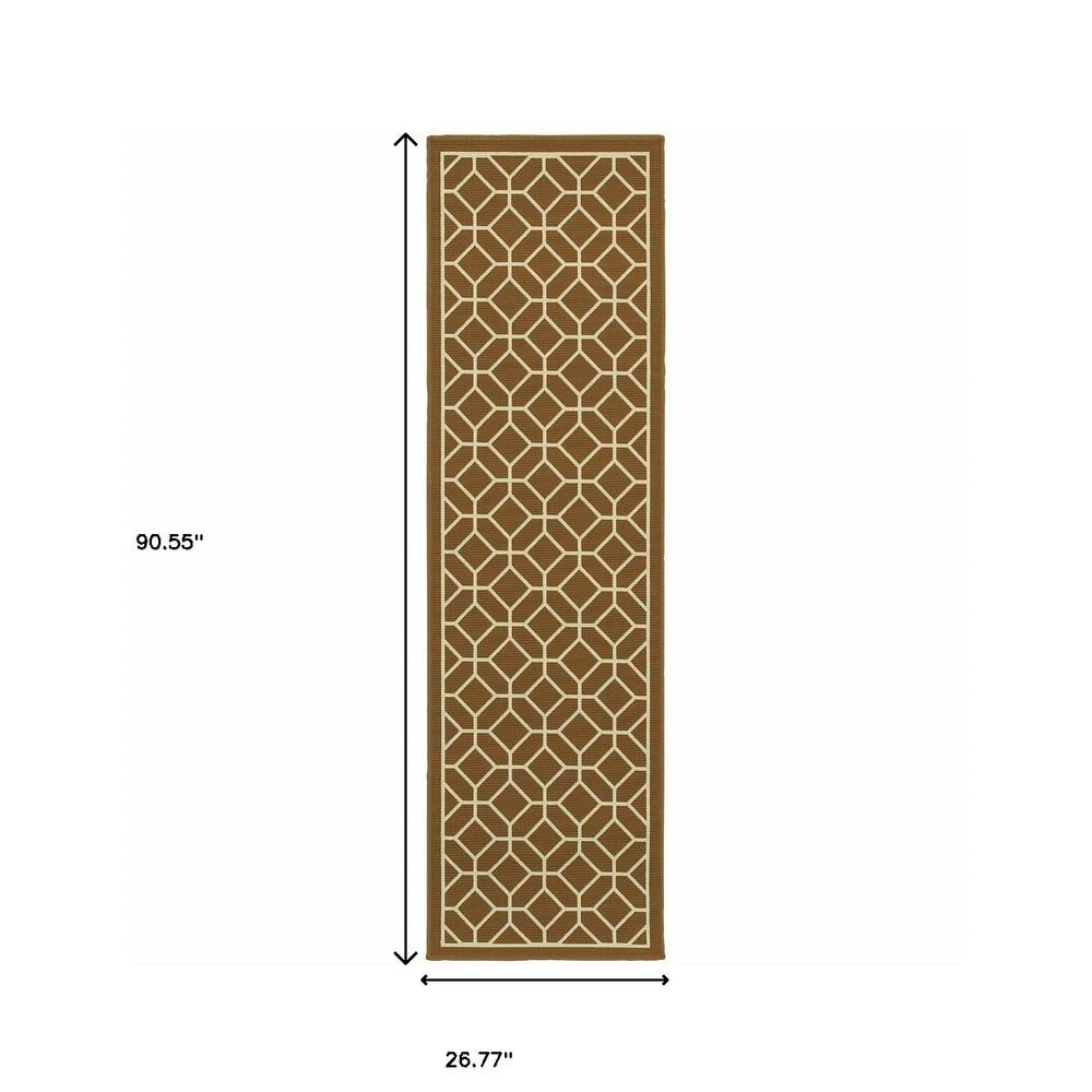 2' X 8' Brown and Ivory Geometric Stain Resistant Indoor Outdoor Area Rug. Picture 4