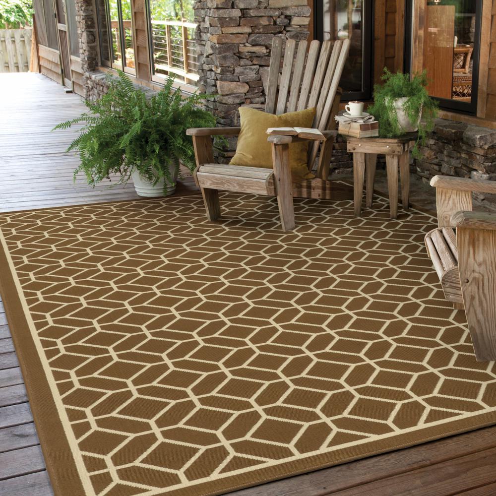 4' x 6' Brown and Ivory Geometric Stain Resistant Indoor Outdoor Area Rug. Picture 5