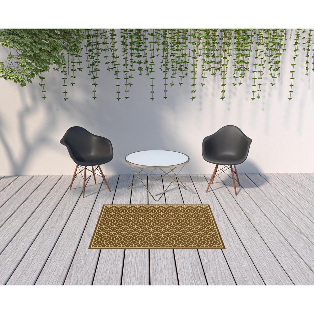 4' x 6' Brown and Ivory Geometric Stain Resistant Indoor Outdoor Area Rug. Picture 2