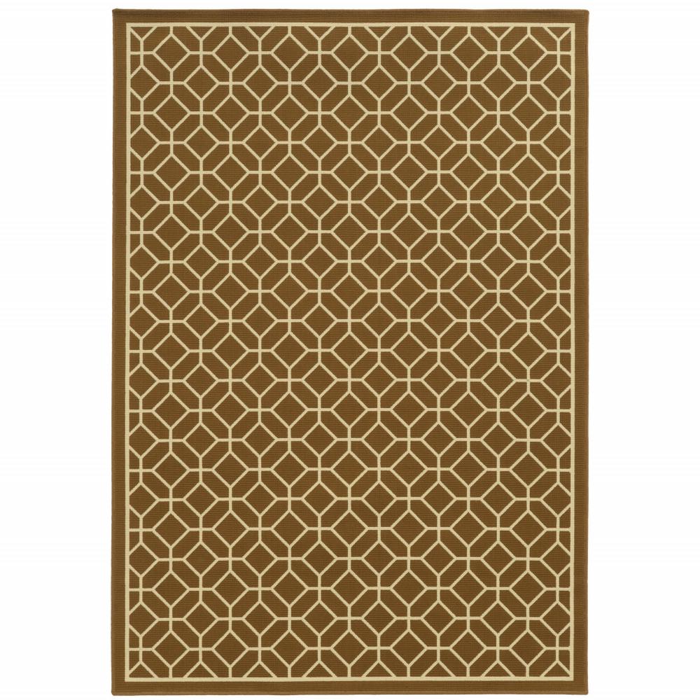 5' x 8' Brown and Ivory Geometric Stain Resistant Indoor Outdoor Area Rug. Picture 1