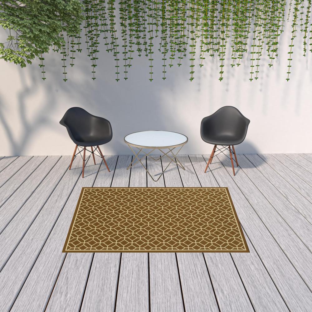 5' x 8' Brown and Ivory Geometric Stain Resistant Indoor Outdoor Area Rug. Picture 2