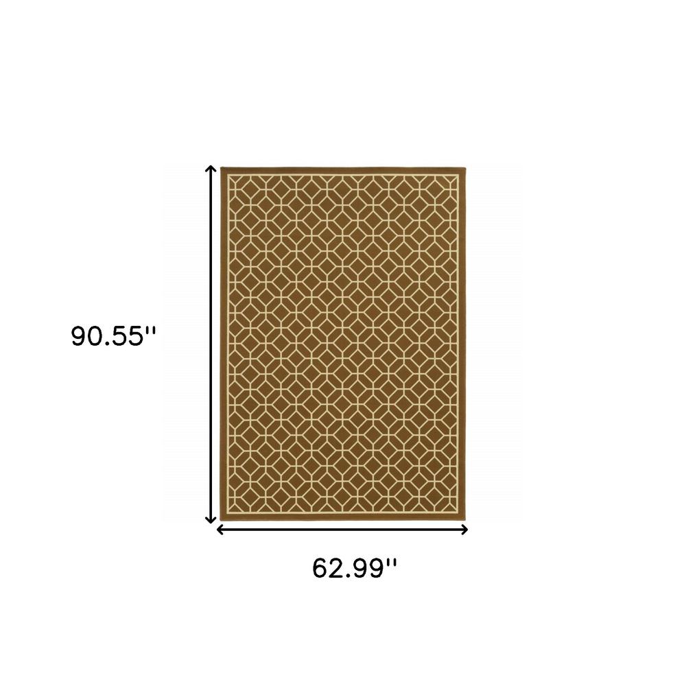 5' x 8' Brown and Ivory Geometric Stain Resistant Indoor Outdoor Area Rug. Picture 6