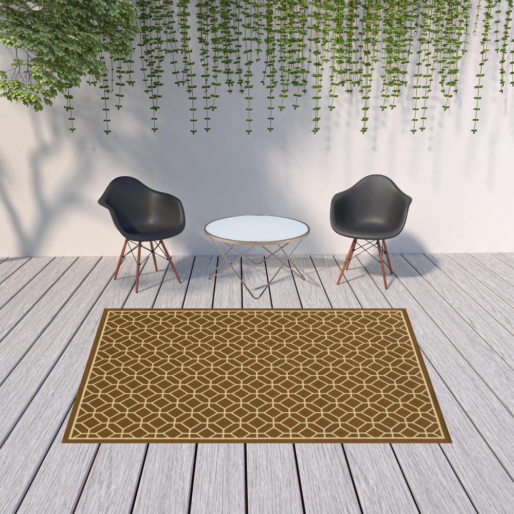 7' x 10' Brown and Ivory Geometric Stain Resistant Indoor Outdoor Area Rug. Picture 2