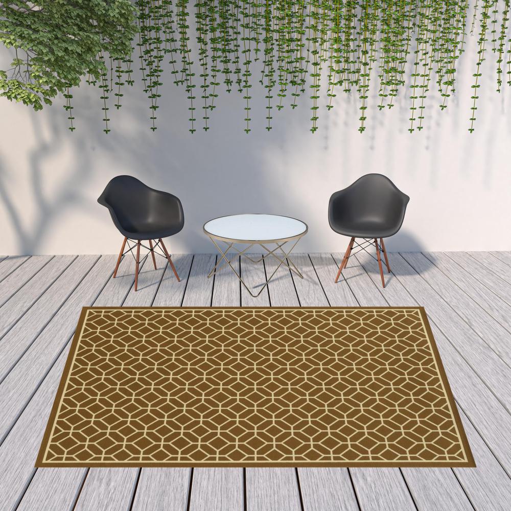8' x 11' Brown and Ivory Geometric Stain Resistant Indoor Outdoor Area Rug. Picture 2