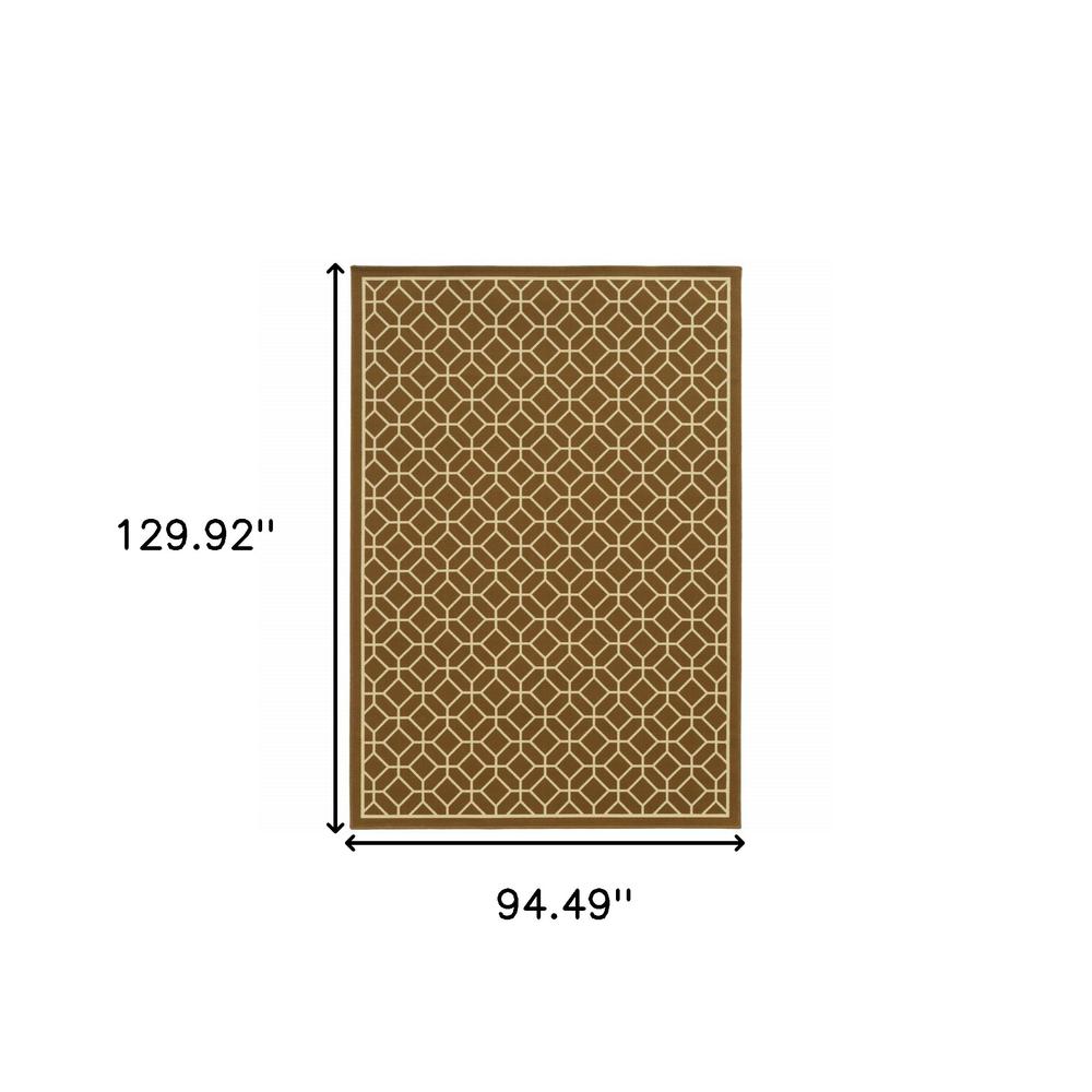 8' x 11' Brown and Ivory Geometric Stain Resistant Indoor Outdoor Area Rug. Picture 6