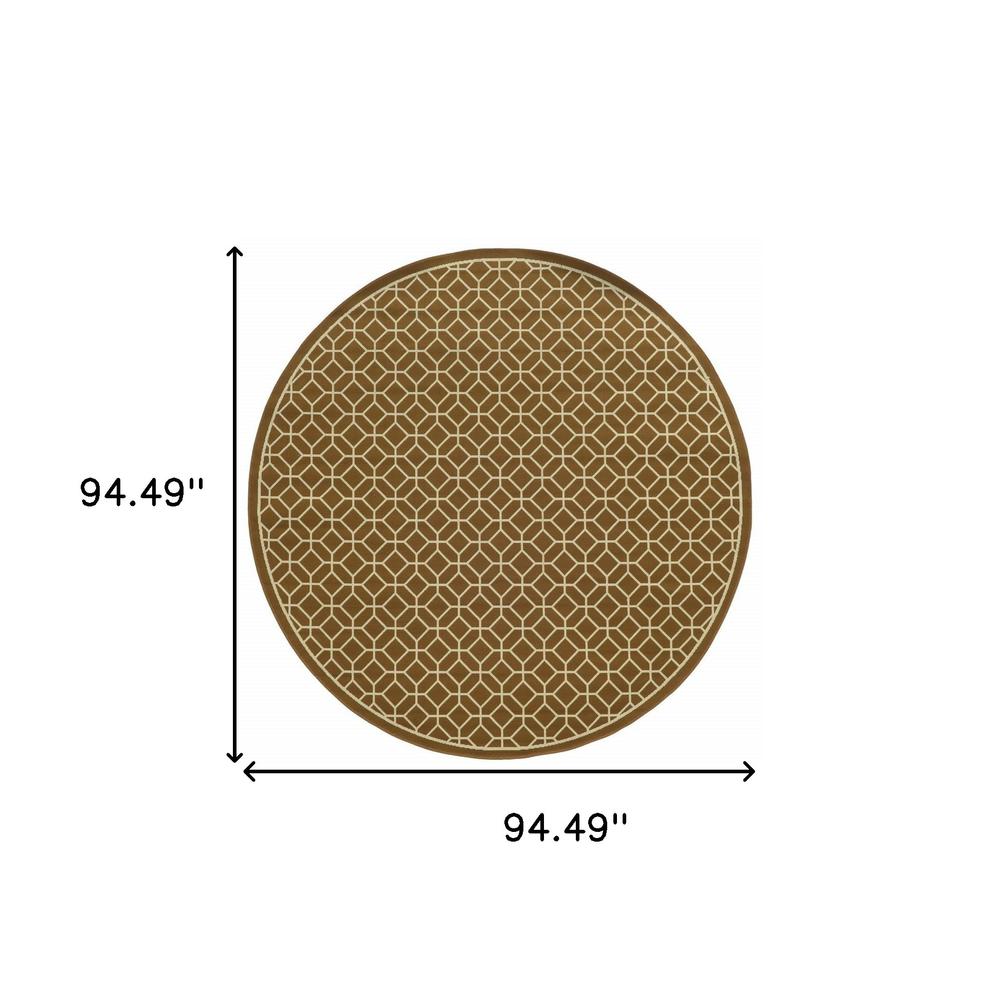 8' x 8' Brown and Ivory Round Geometric Stain Resistant Indoor Outdoor Area Rug. Picture 4