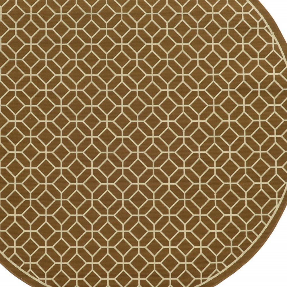 8' x 8' Brown and Ivory Round Geometric Stain Resistant Indoor Outdoor Area Rug. Picture 3