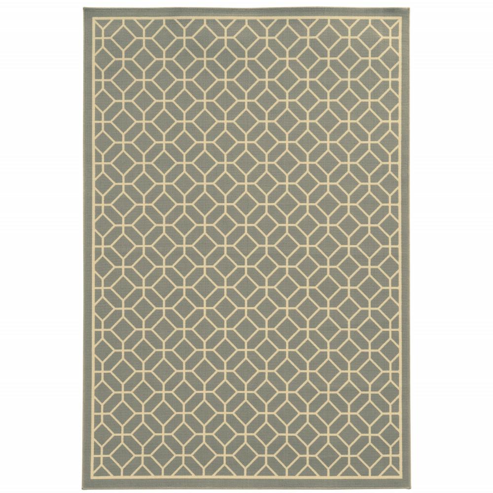 8' x 11' Gray and Ivory Geometric Stain Resistant Indoor Outdoor Area Rug. Picture 1