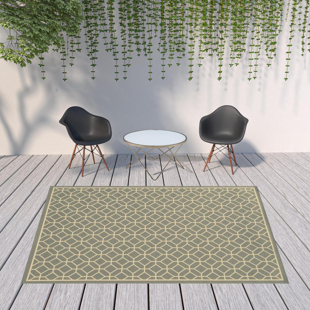 8' x 11' Gray and Ivory Geometric Stain Resistant Indoor Outdoor Area Rug. Picture 2