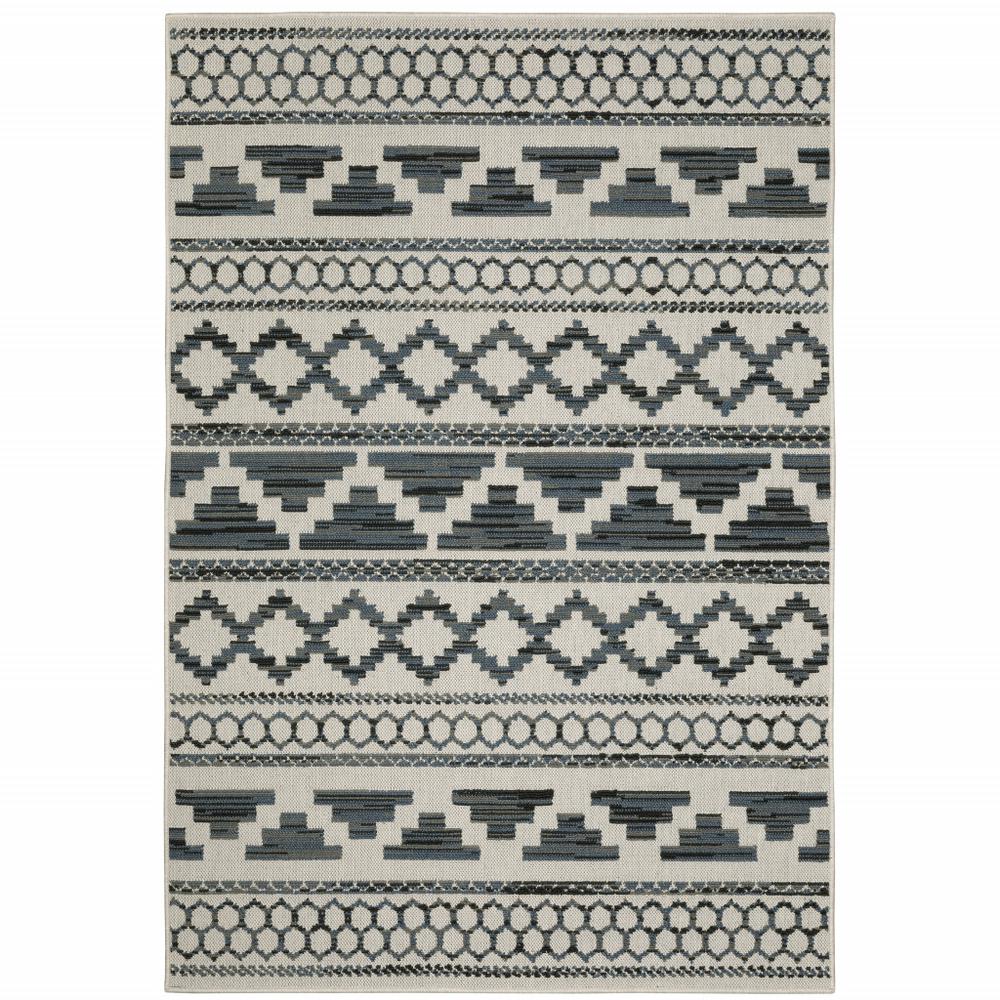 7' x 9' Blue and Beige Geometric Stain Resistant Indoor Outdoor Area Rug. Picture 1