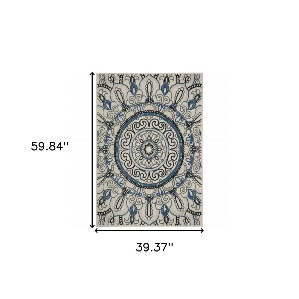 3' X 5' Blue and Beige Geometric Stain Resistant Indoor Outdoor Area Rug. Picture 9