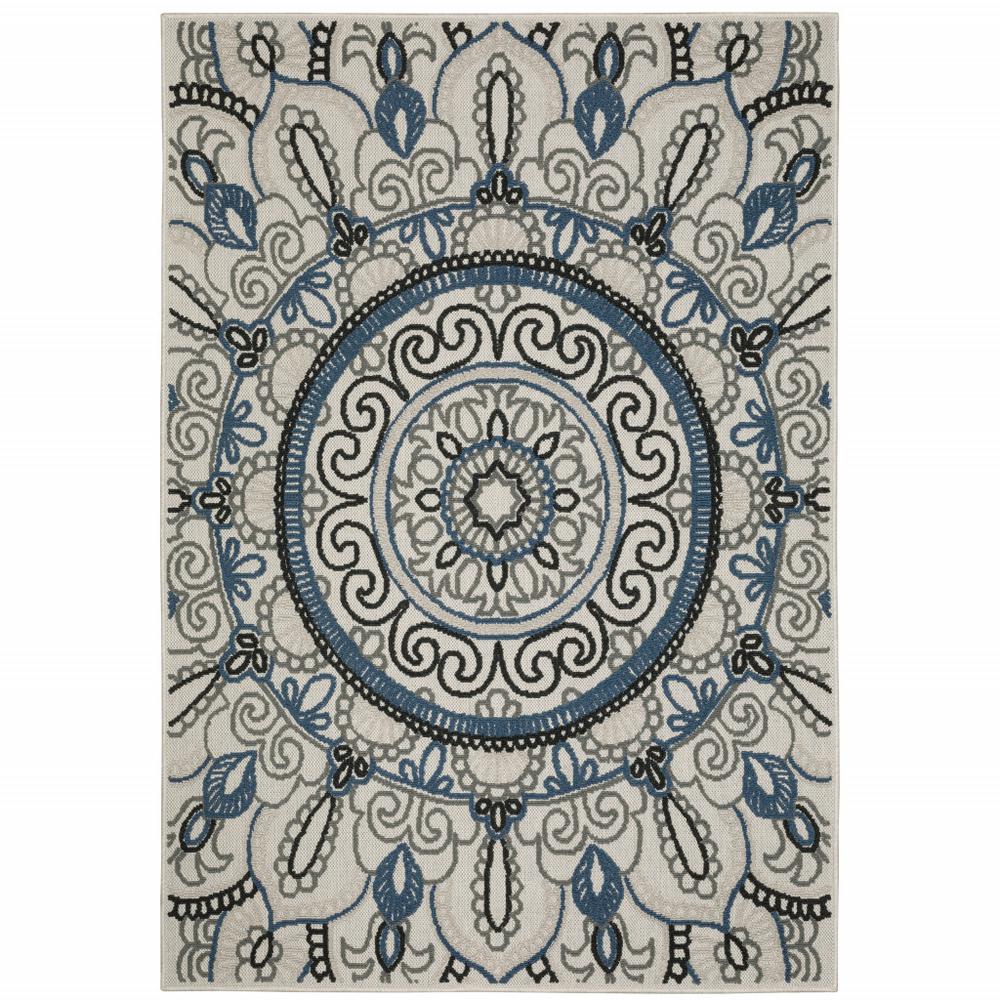 5' x 7' Blue and Beige Geometric Stain Resistant Indoor Outdoor Area Rug. Picture 1