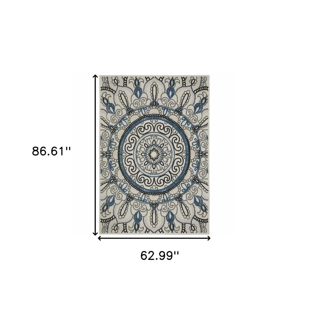 5' x 7' Blue and Beige Geometric Stain Resistant Indoor Outdoor Area Rug. Picture 9
