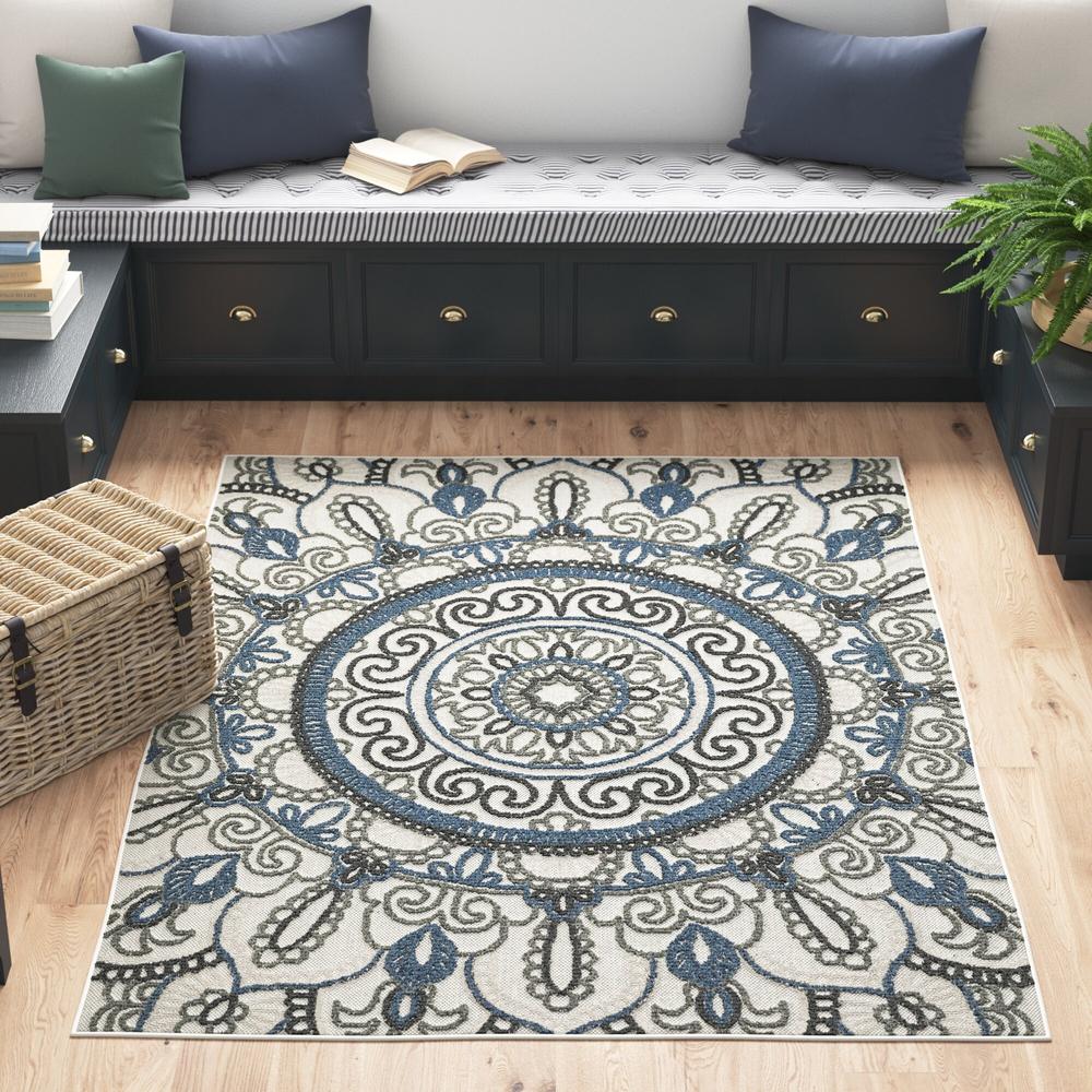 5' x 7' Blue and Beige Geometric Stain Resistant Indoor Outdoor Area Rug. Picture 8