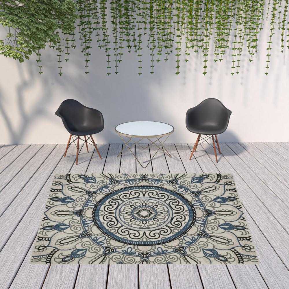 8' x 10' Blue and Beige Geometric Stain Resistant Indoor Outdoor Area Rug. Picture 2