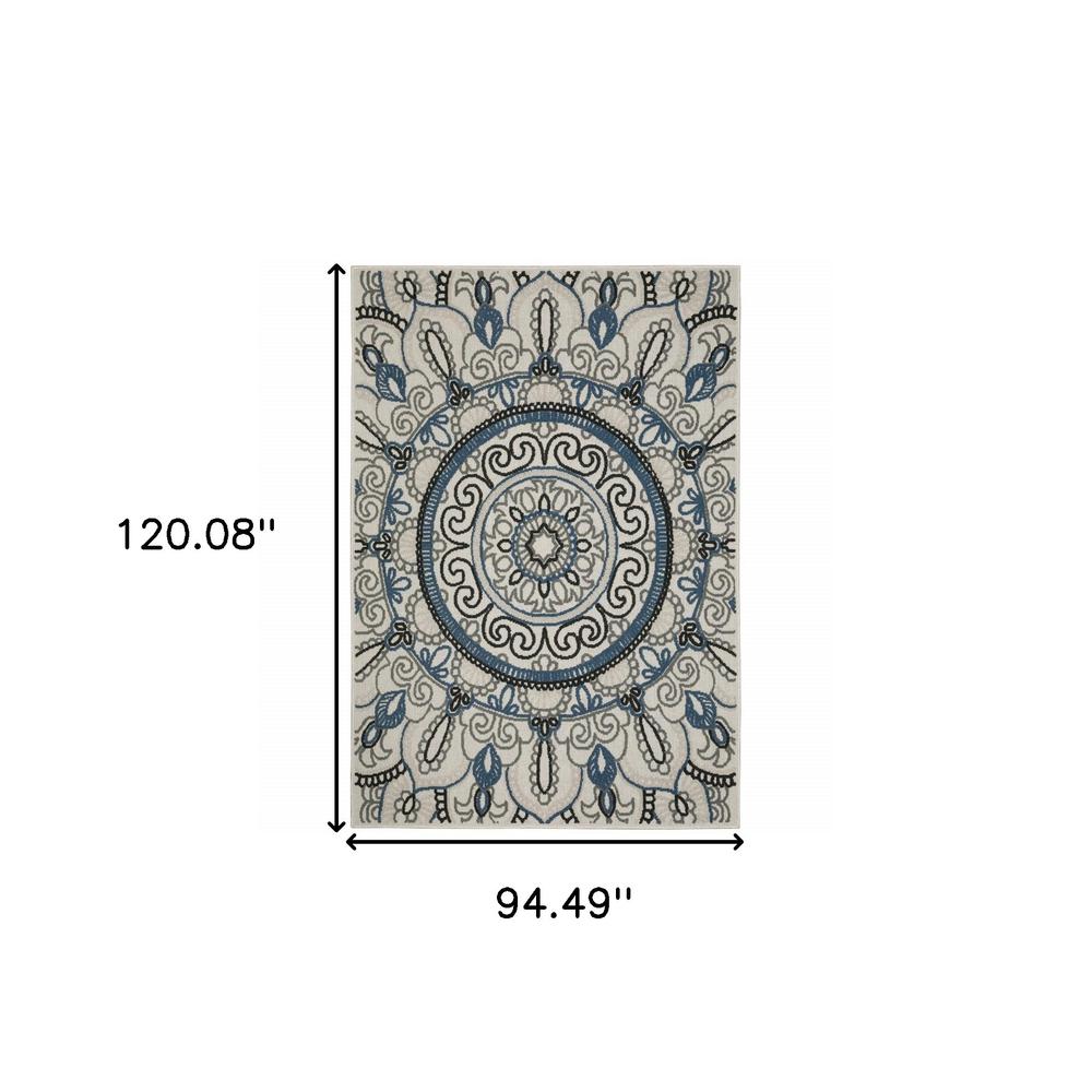 8' x 10' Blue and Beige Geometric Stain Resistant Indoor Outdoor Area Rug. Picture 9