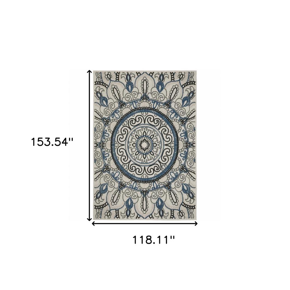 10' x 13' Blue and Beige Geometric Stain Resistant Indoor Outdoor Area Rug. Picture 9