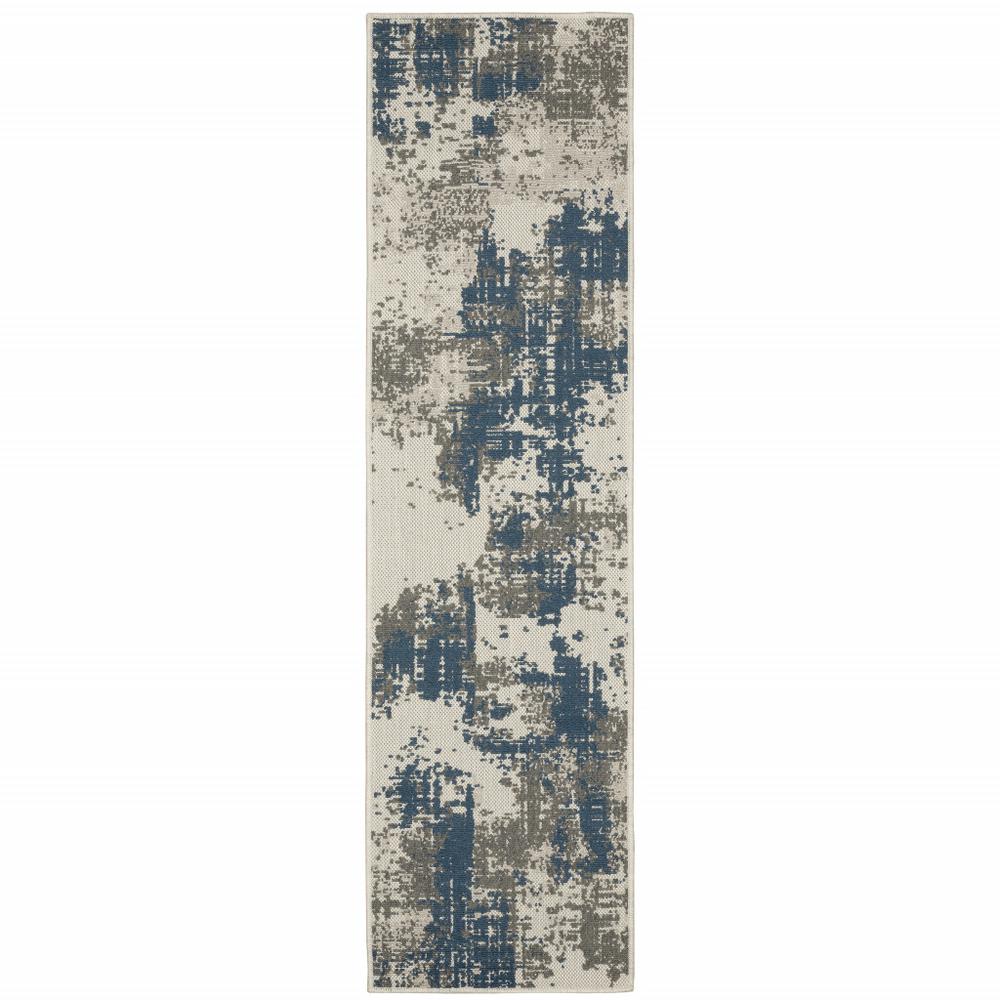 2' X 7' Blue and Beige Abstract Stain Resistant Indoor Outdoor Area Rug. Picture 1