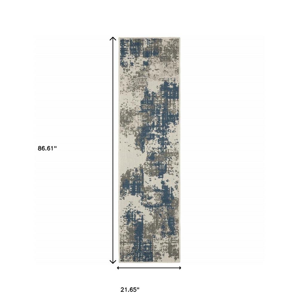 2' X 7' Blue and Beige Abstract Stain Resistant Indoor Outdoor Area Rug. Picture 8