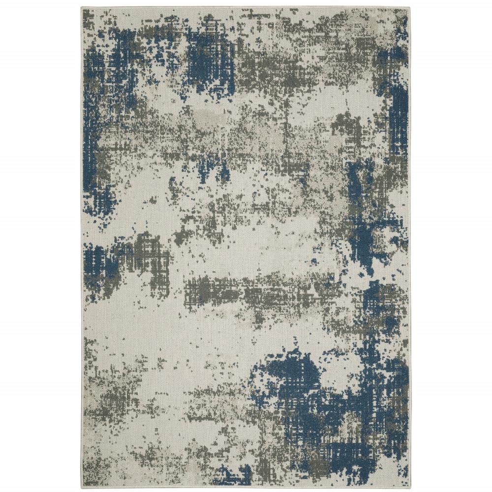 3' X 5' Blue and Beige Abstract Stain Resistant Indoor Outdoor Area Rug. Picture 1