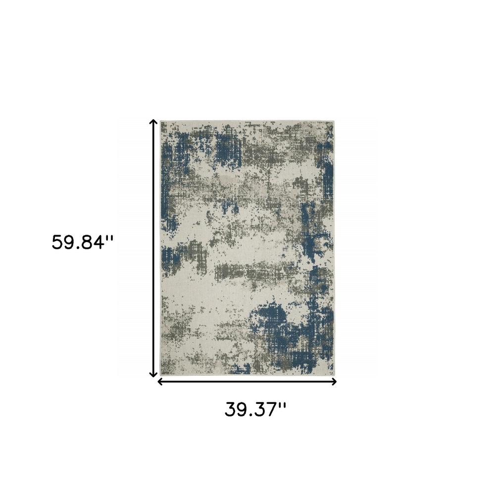 3' X 5' Blue and Beige Abstract Stain Resistant Indoor Outdoor Area Rug. Picture 8