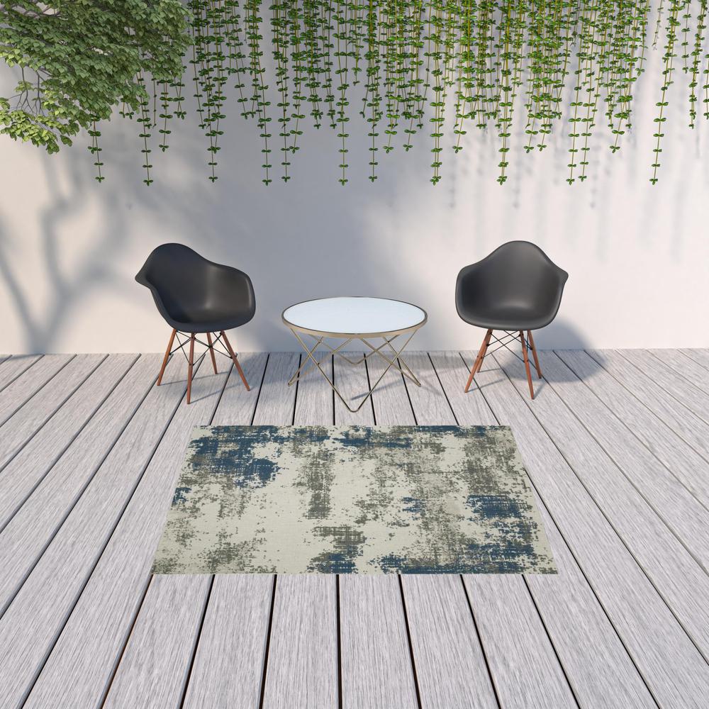 5' x 7' Blue and Beige Abstract Stain Resistant Indoor Outdoor Area Rug. Picture 2