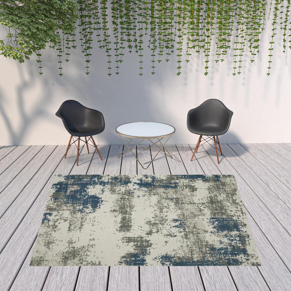 8' x 10' Blue and Beige Abstract Stain Resistant Indoor Outdoor Area Rug. Picture 2