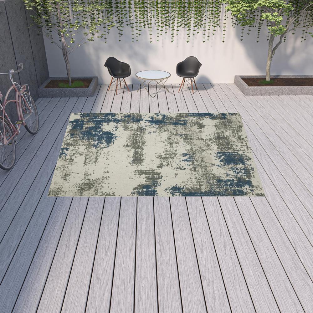 10' x 13' Blue and Beige Abstract Stain Resistant Indoor Outdoor Area Rug. Picture 2