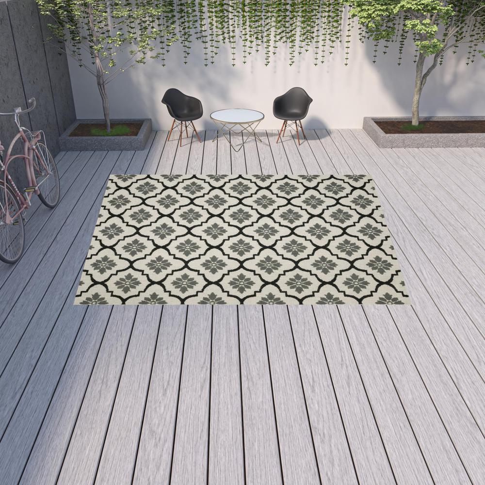 10' x 13' Beige and Black Geometric Stain Resistant Indoor Outdoor Area Rug. Picture 2