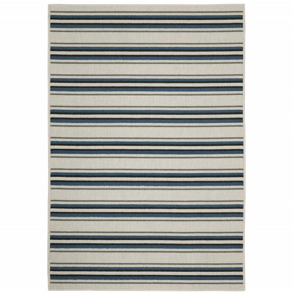 5' x 7' Blue and Beige Geometric Stain Resistant Indoor Outdoor Area Rug. Picture 1