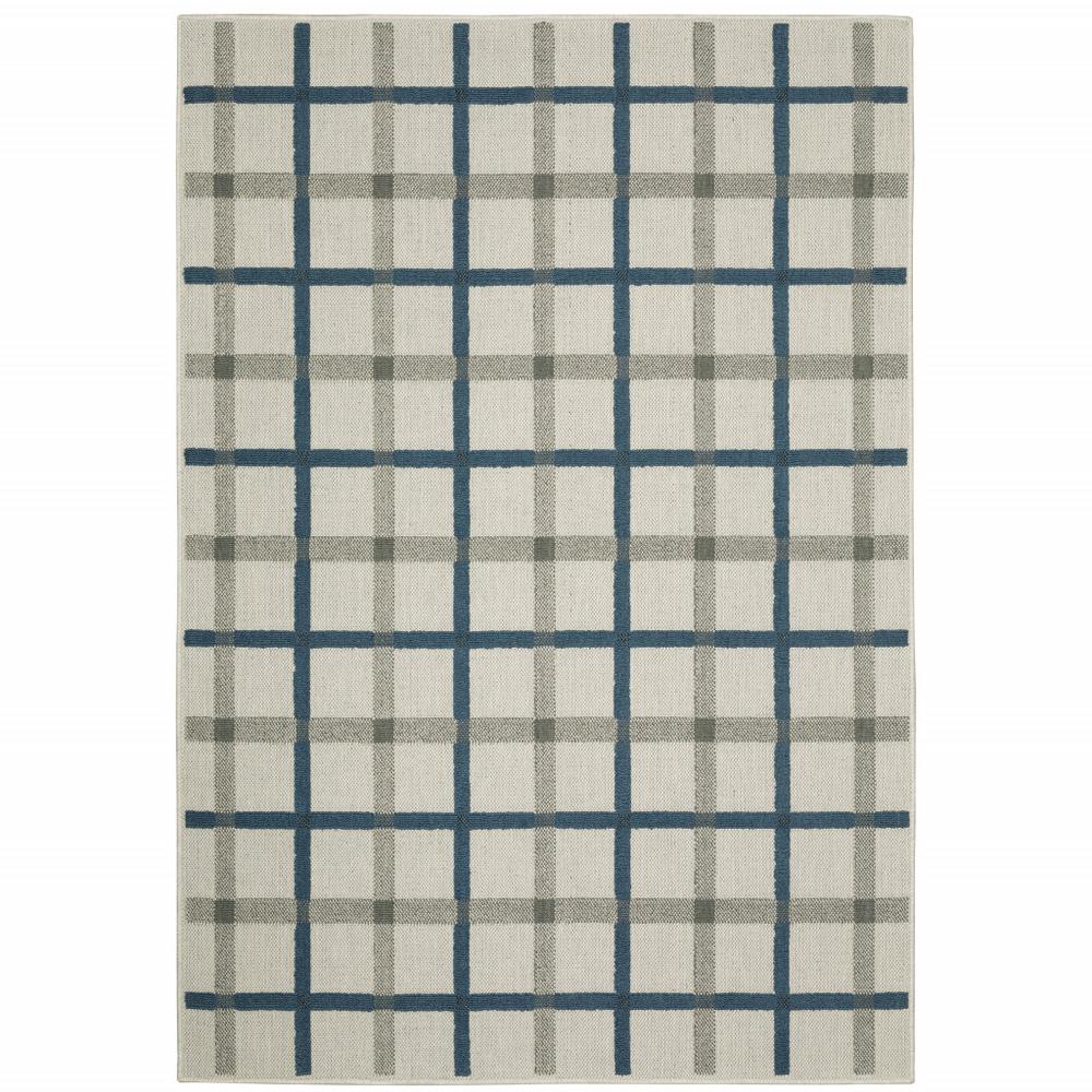 3' X 5' Blue and Beige Geometric Stain Resistant Indoor Outdoor Area Rug. Picture 1