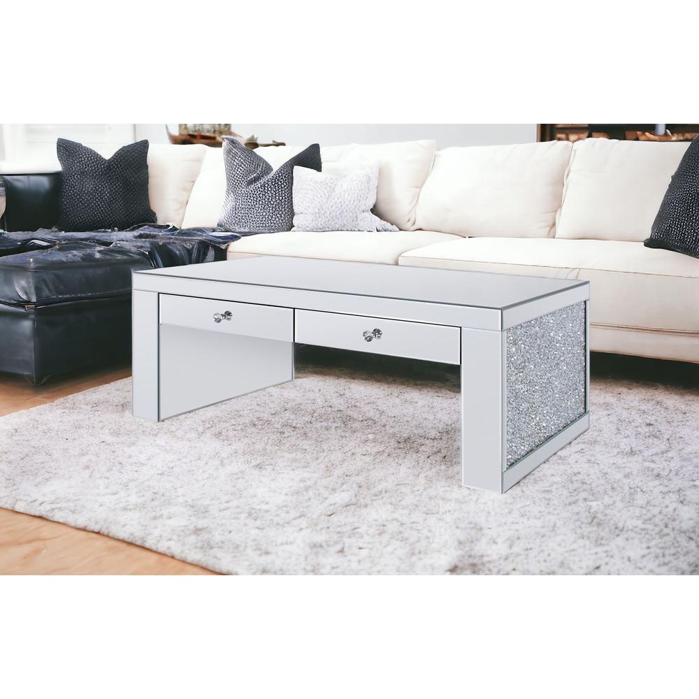 48" Silver Glass Mirrored Coffee Table With Two Drawers. Picture 2
