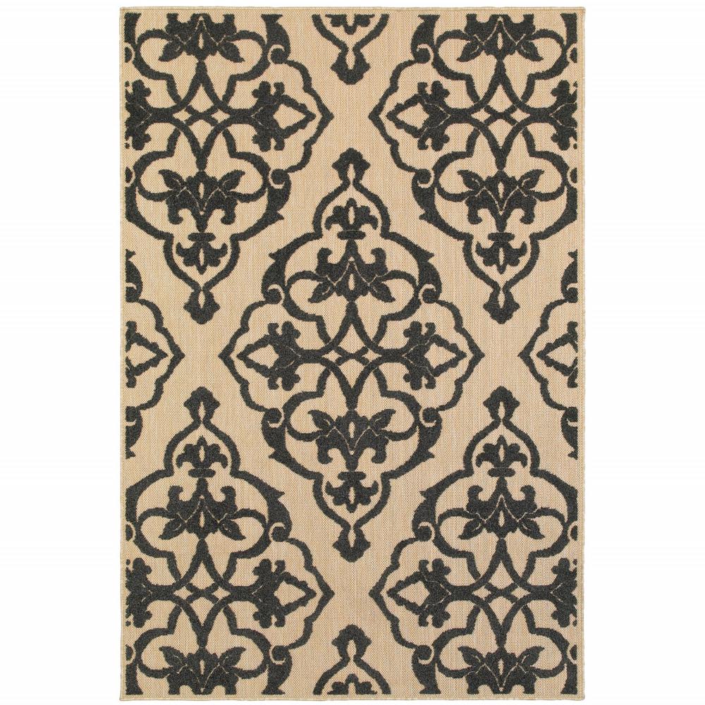 5' x 8' Beige and Black Medallion Stain Resistant Indoor Outdoor Area Rug. Picture 1