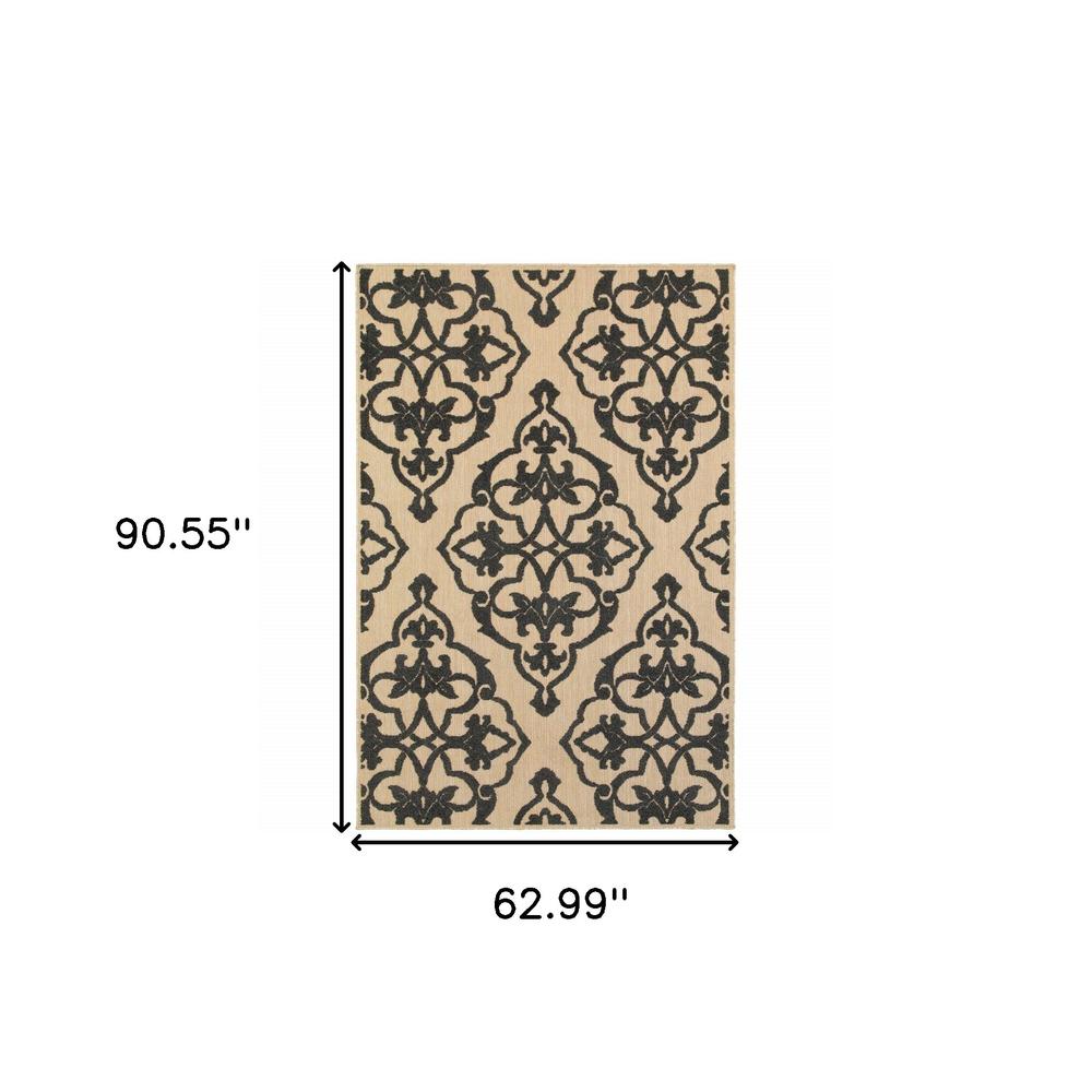 5' x 8' Beige and Black Medallion Stain Resistant Indoor Outdoor Area Rug. Picture 5