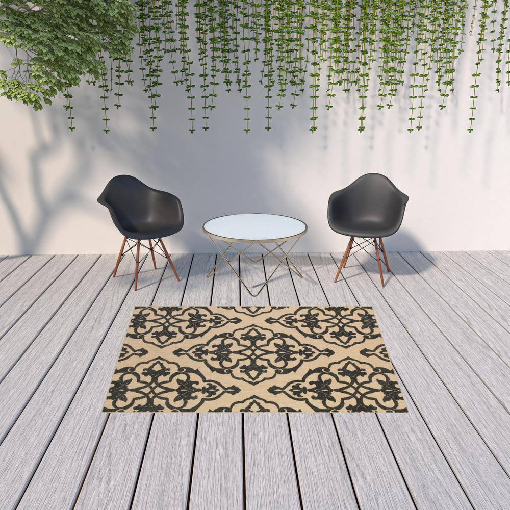 5' x 8' Beige and Black Medallion Stain Resistant Indoor Outdoor Area Rug. Picture 2