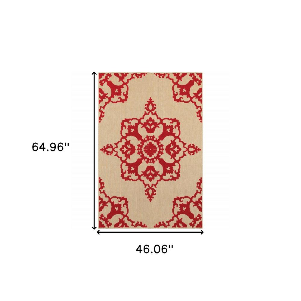 4' x 5' Red Oriental Stain Resistant Indoor Outdoor Area Rug. Picture 5